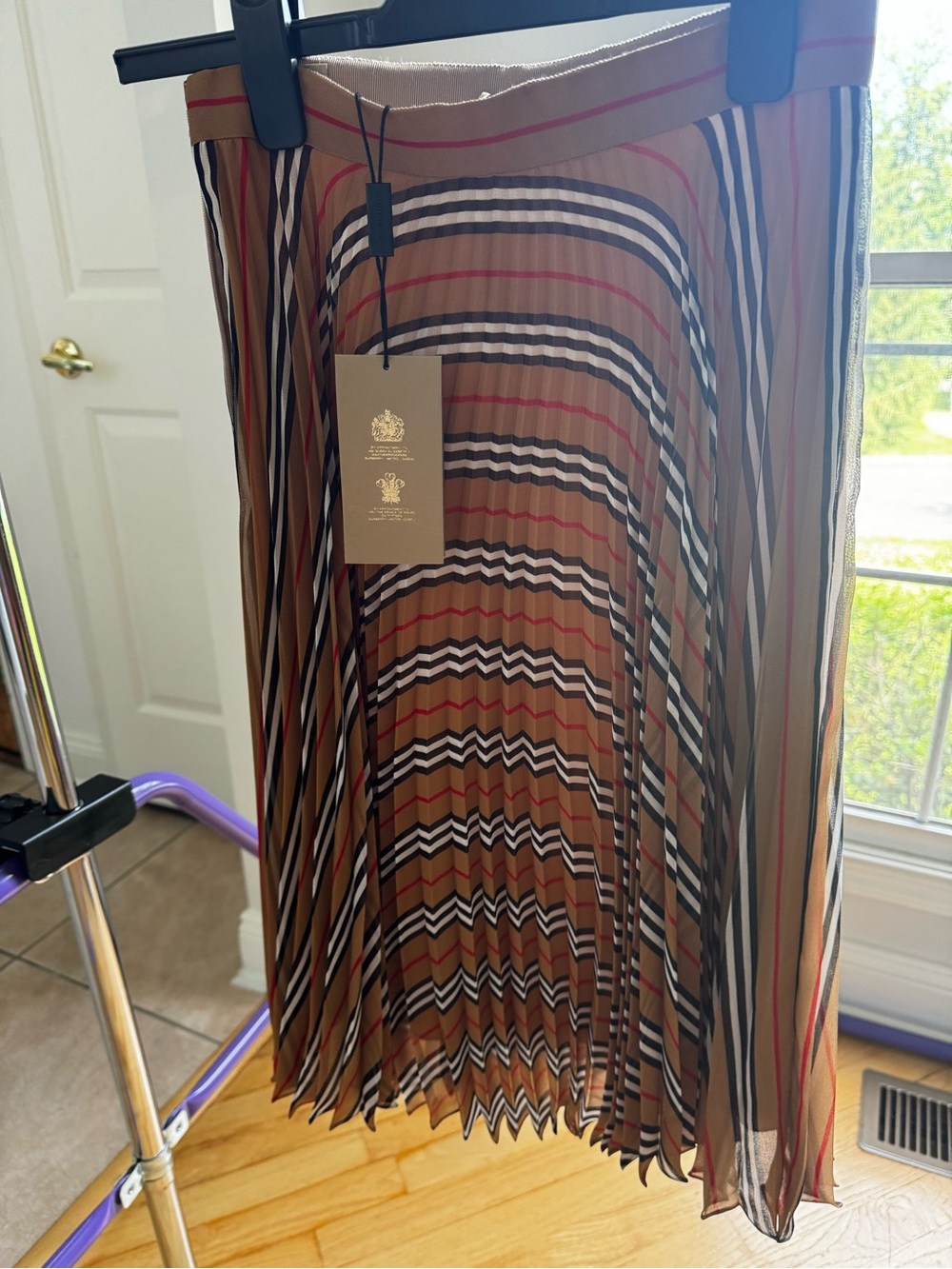 Burberry Check Striped Midi Skirt in Camel, Black & White
